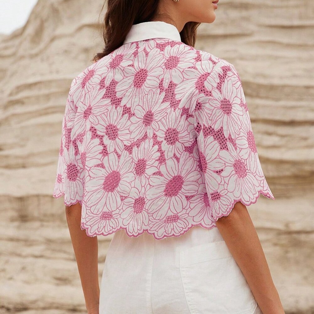 Pink Casual Women's Elegant Hollow-Out Embroidered Daisy Shirt Floral Print - Picture 3 of 6